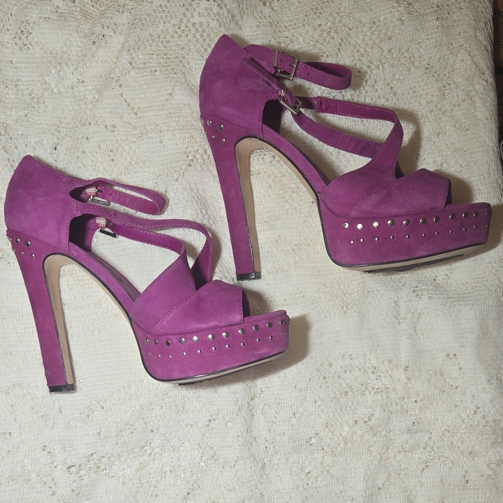 Chinese Laundry Magenta Suede Platform Heels with Studs
